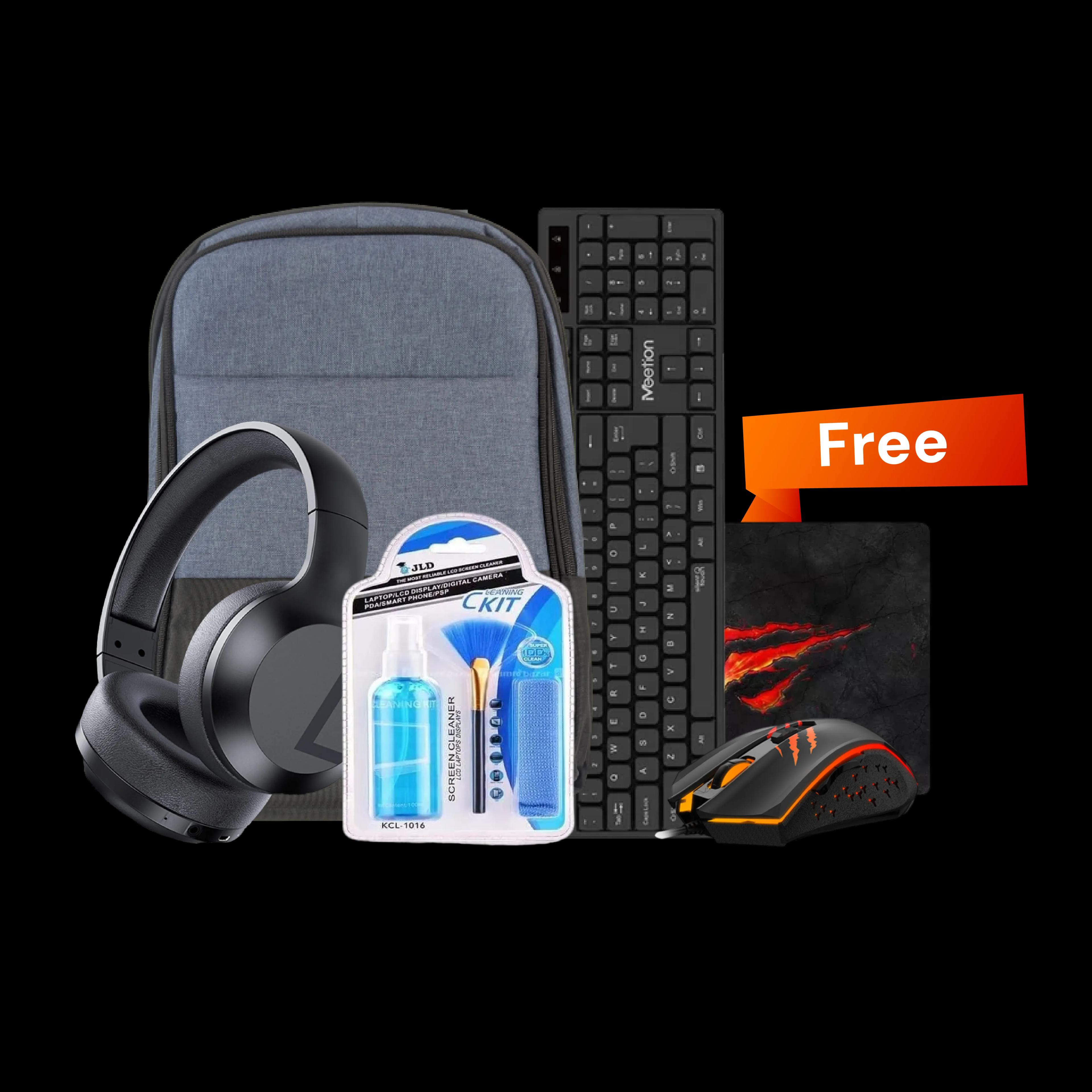 Free Bag, Gaming Mouse, Gaming Mousepad, Cleaning Kit, Gaming Headphone and Keyboard